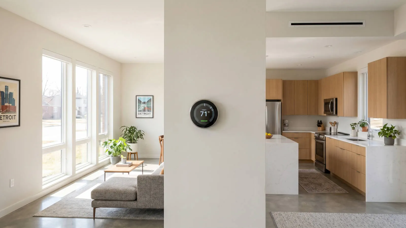 Modern, tightly built home interior with a smart thermostat on the wall
