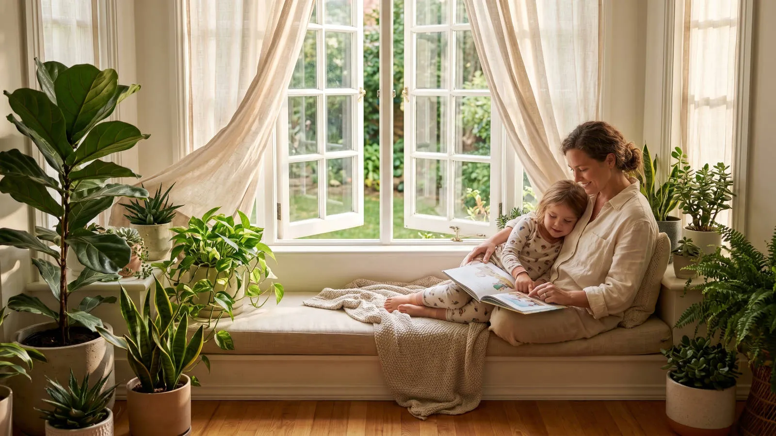 Mother and child reading together by a sunlit window with houseplants