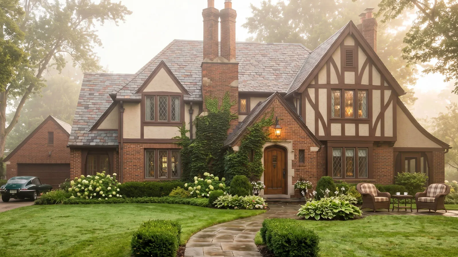 Charming older Metro Detroit home on a misty, dew-covered morning