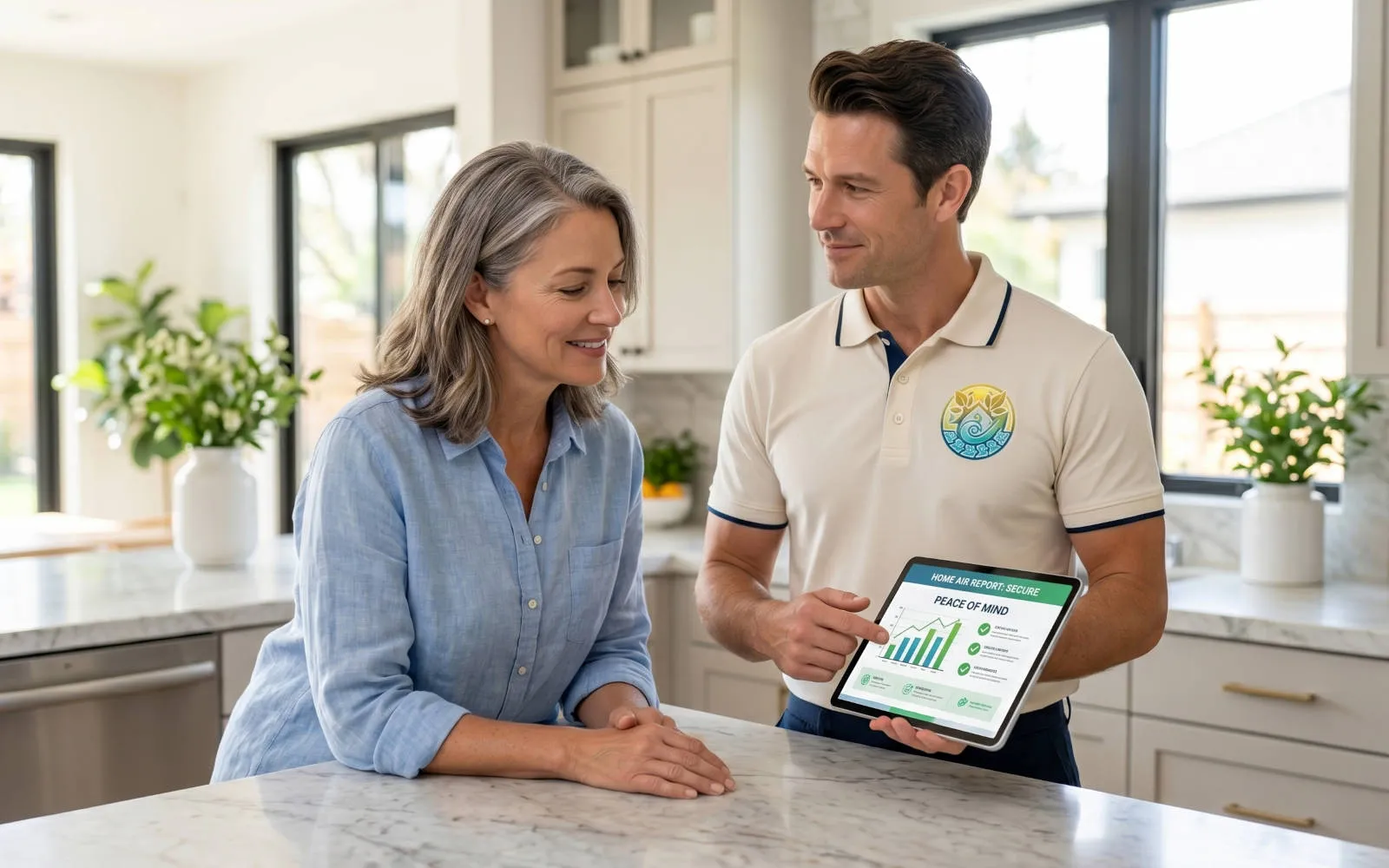 Specialist reviewing a clear air-quality report with a reassured homeowner