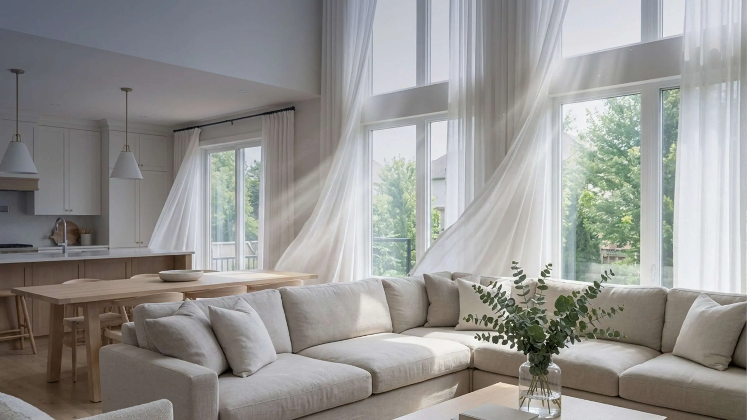 Sunlit, airy living room with fresh air streaming through open windows