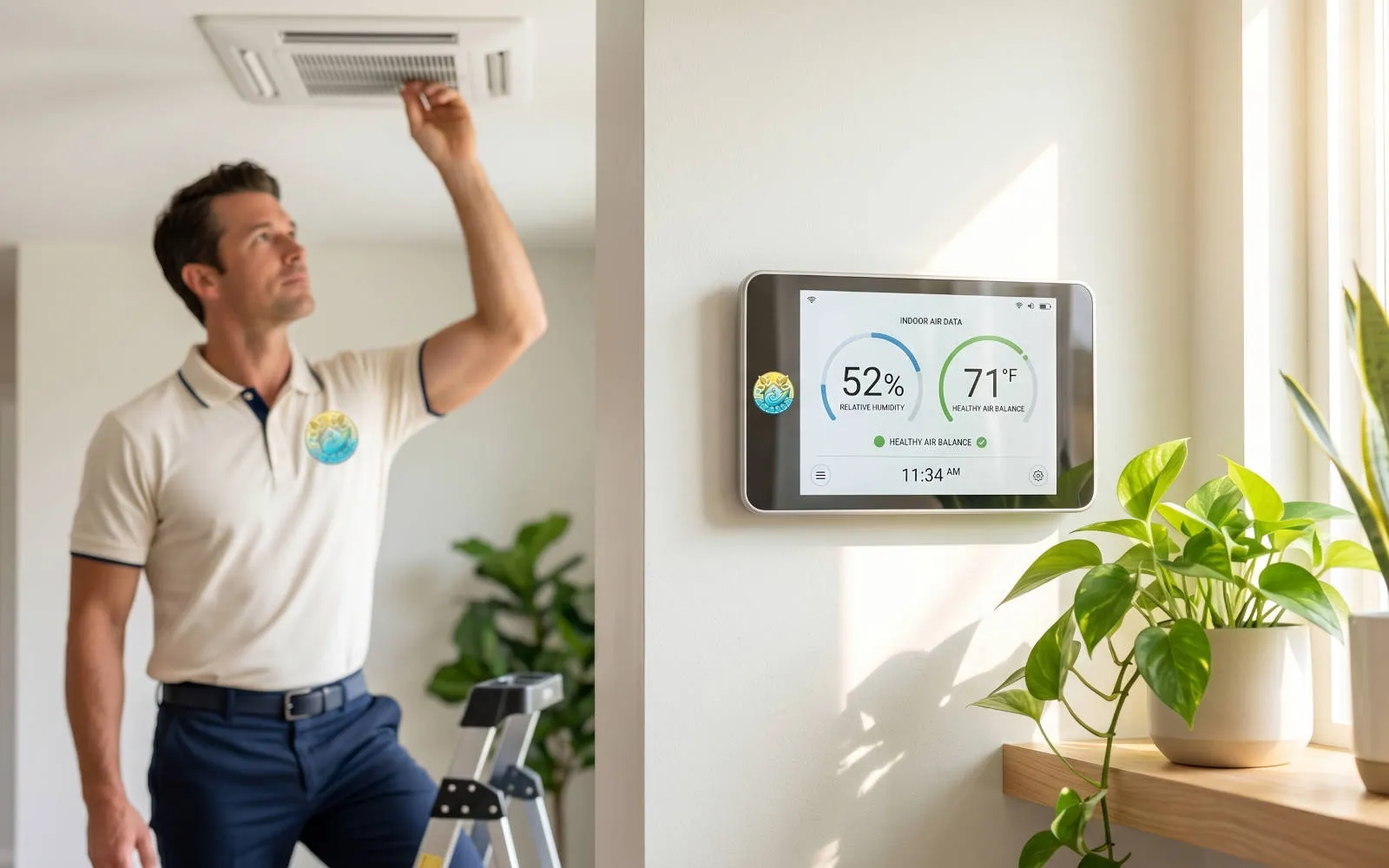 Modern humidity monitor on a clean wall near healthy green plants