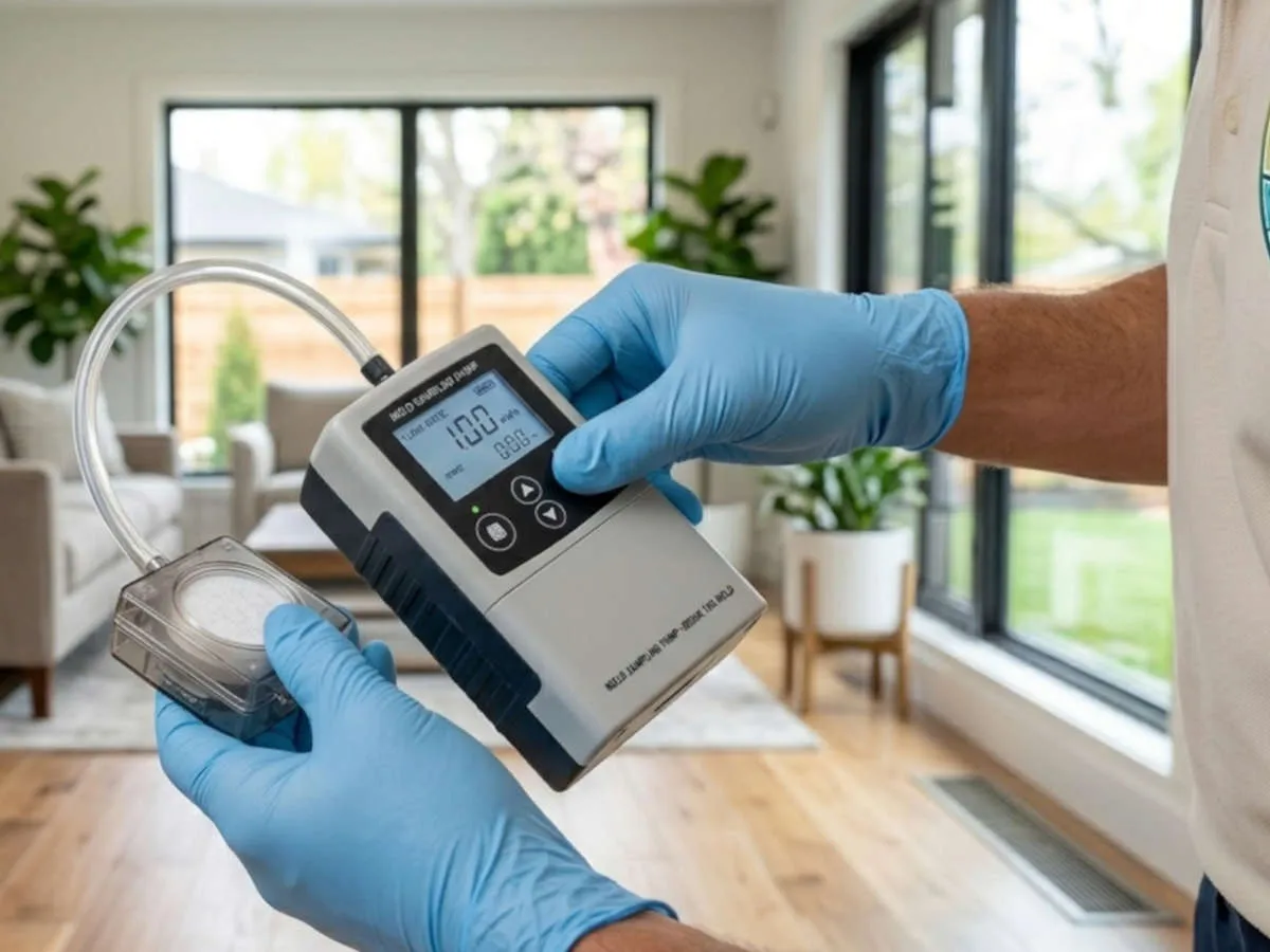 Gloved hands operating a professional air-sampling pump cassette