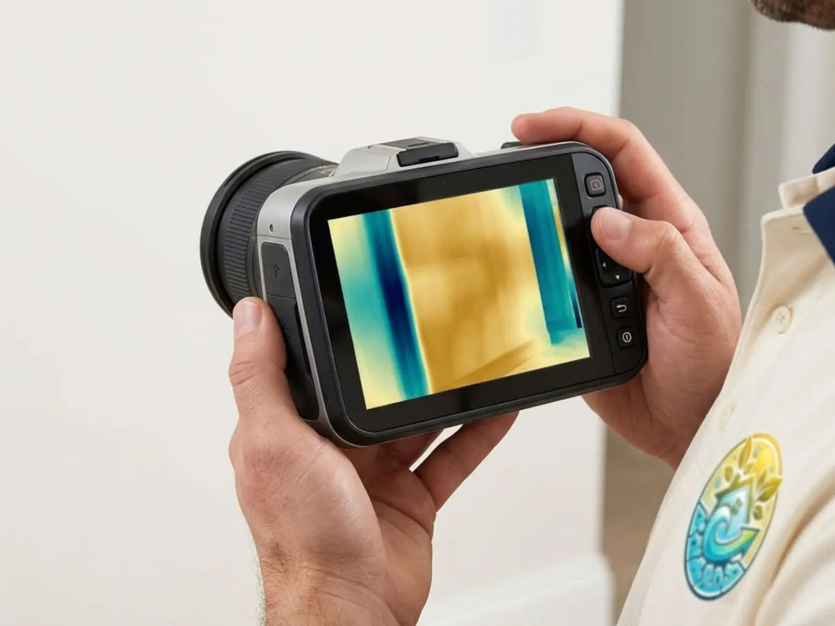Thermal imaging camera showing a cool blue and warm gold heat map of a wall